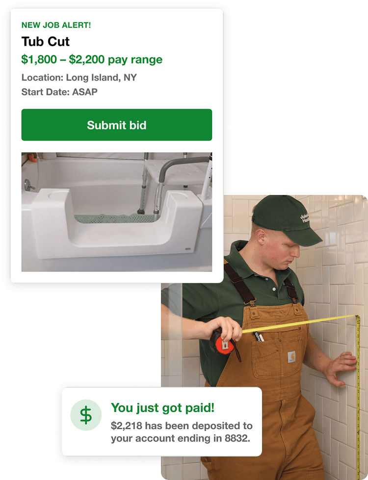 Collage of app ui including bid submission, installation photos, and payment notification